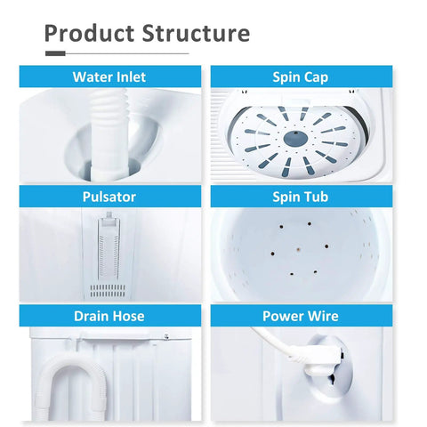 Product structure of Portable Washing Machine 21 Lb Compact Twin Tub Washer And Spin Dryer Combo with water inlet, pulsator, spin tub.