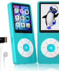 All In One Portable HiFi Music Player With 32GB Storage And TF Card Support Built In Speaker Video And Voice Recorder FM Radio Photo Viewer Ebook Reader Playlists And Kid Friendly Sky Blue displayed with earphones and a 32GB card