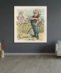 Dope 1902 Artwork Print A New Scythe Cuts Clean By John Samuel Pughe Custom Framed on Canvas in Living Room Setup