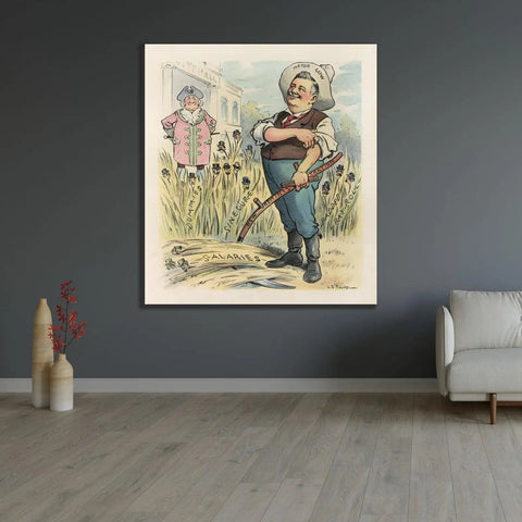 Dope 1902 Artwork Print A New Scythe Cuts Clean By John Samuel Pughe Custom Framed on Canvas in Living Room Setup