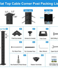 Heavy Duty Black Cable Railing Corner Post For Decks packing list showing dimensions, components, and installation tools.