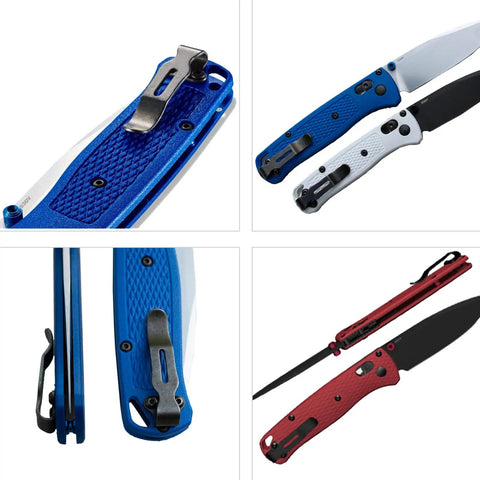 Compact Mini Deep Carry Pocket Clip in stainless steel black, attached to knife handles, featuring 1.64 inch length with two screws