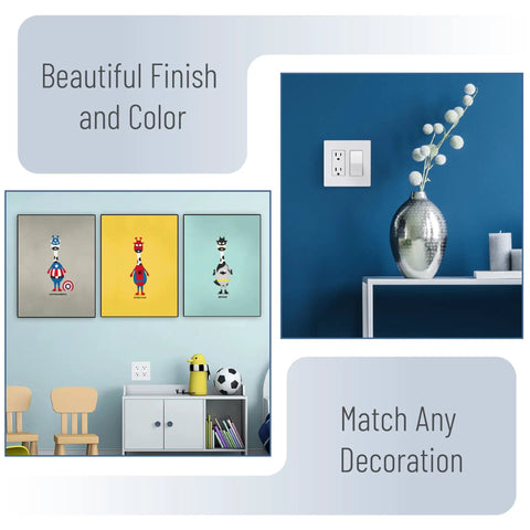Screwless Decorator Wall Plates Two Gang White Covers 4 Pack installed in stylish living rooms showcasing their clean look.