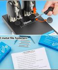 Heavy Duty Two Hole Paper Punch For Binders Metal Power Puncher With Long Lever Punches Up To 150 Sheets Two And Three Quarter Inch Hole Distance 70 Millimeter Includes 100 Paper Fasteners Built For Pro Style Office Workhorse, shown with file fasteners and 70 mm measurement