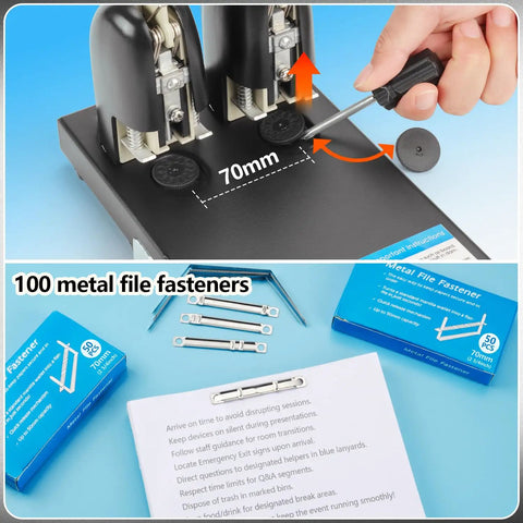 Heavy Duty Two Hole Paper Punch For Binders Metal Power Puncher With Long Lever Punches Up To 150 Sheets Two And Three Quarter Inch Hole Distance 70 Millimeter Includes 100 Paper Fasteners Built For Pro Style Office Workhorse, shown with file fasteners and 70 mm measurement