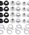Top view of bicycle wheel axle nuts and washers kit (M8/M9.5/M10) with silver hex flange nuts and retaining clips