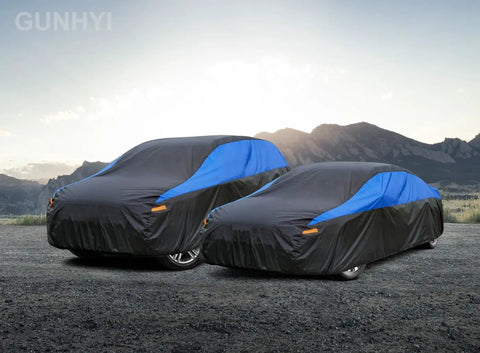 All Weather Waterproof Car Cover Universal Fit For Sedans And Coupes, Heavy Duty Exterior Shield With UV Protection in mountain lot.