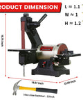 1x30 Inch Bench Belt Sander With 5 Inch Disc showing dimensions and hammer for reference; ideal for woodworking.