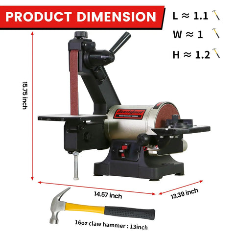1x30 Inch Bench Belt Sander With 5 Inch Disc showing dimensions and hammer for reference; ideal for woodworking.
