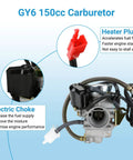 GY6 150cc Carburetor PD24J Kit with ignition coil and throttle cable for scooters, ATVs, and go-karts, diagram view.