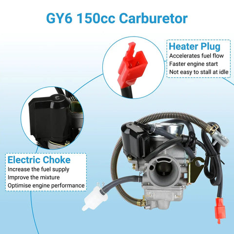GY6 150cc Carburetor PD24J Kit with ignition coil and throttle cable for scooters, ATVs, and go-karts, diagram view.