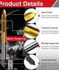 M6 X 1 Spiral Point Tap And 5mm Twist Drill Bit Set showing metric thread tap with details on spiral point, titanium coating, M2 steel.