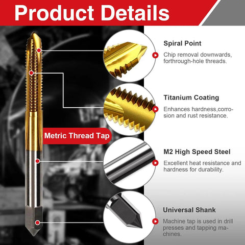 M6 X 1 Spiral Point Tap And 5mm Twist Drill Bit Set showing metric thread tap with details on spiral point, titanium coating, M2 steel.