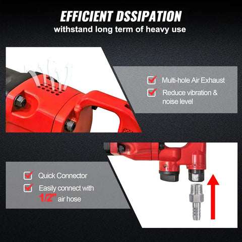 Close-up of High Performance 1 Inch Air Impact Wrench Built With A Pinless Hammer Mechanism And 4200 Rpm No Load Speed Plus Boss Level 2800 Ft Lbs Max Torque For Yanking Rusty Bolts On The Shop Floor showing multi-hole air exhaust and quick connector.