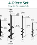 4 Pack Auger Drill Bits For Planting, Heavy Duty Steel With 3/8 Hex Drive, Quartet Of Sizes with measurements diagram