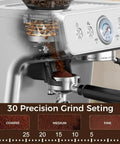 Kickin Up Bold Flavor With A Built In Grinder, 20 Bar Pressure Espresso Coffee Maker, 30 Precise Settings For Perfect Fresh Grounds close-up of grinder, showing coffee beans and ground coffee.