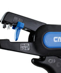 Close-up of Automatic Wire Stripper And Cutter With Narrow Profile For Tight Spaces, self adjusting blades, blue and black handle