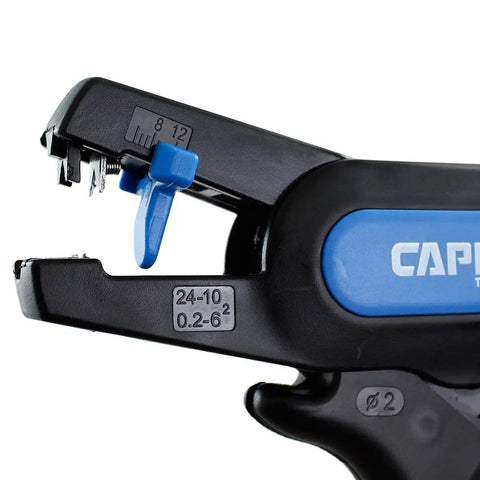 Close-up of Automatic Wire Stripper And Cutter With Narrow Profile For Tight Spaces, self adjusting blades, blue and black handle