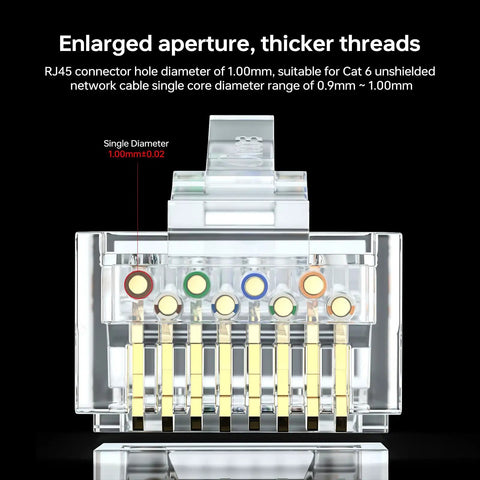 Front view of Cat6 RJ45 Modular Plug Connector with Load Bar showing enlarged aperture and gold-plated contacts for Ethernet.
