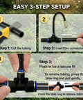Easy three-step setup for Smart 200 Foot Drip Irrigation Kit With 36 Pro Grade Adjustable Copper Nozzles For Raised Beds Garden Lawn