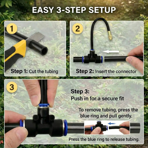 Easy three-step setup for Smart 200 Foot Drip Irrigation Kit With 36 Pro Grade Adjustable Copper Nozzles For Raised Beds Garden Lawn