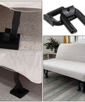 Lock And Load Your Rolling Ride With This Bulletproof 4 Pack Of Non Slip Rubber Wheel Stopper Bed Frame Caster Blocker Heavy Duty Floor Anchor Secures Office Chairs Desks Couches Tight No More Drifting Wheels under white couch, showing rubber stoppers in use.