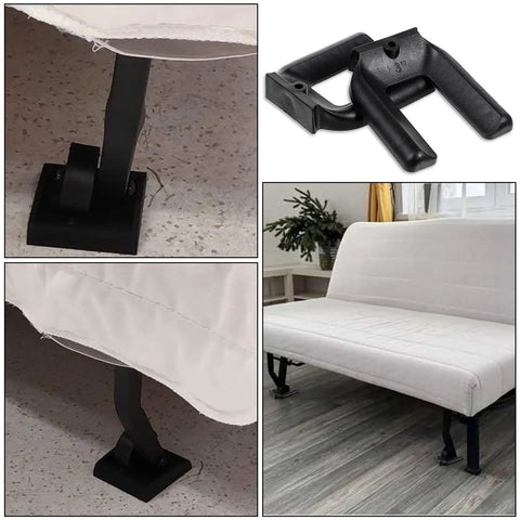 Lock And Load Your Rolling Ride With This Bulletproof 4 Pack Of Non Slip Rubber Wheel Stopper Bed Frame Caster Blocker Heavy Duty Floor Anchor Secures Office Chairs Desks Couches Tight No More Drifting Wheels under white couch, showing rubber stoppers in use.
