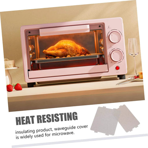 Microwave Oven Mica Sheets 10 Pieces Heat Resistant Mica Flakes Replacement Kit next to cooking oven with roasted chicken