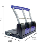 Heavy Duty Three Hole Puncher With 100 Sheet Capacity Self Centering Guide And Ergonomic Grip For Office Home And Print Shops Black And Purple Workhorse Performance dimensions