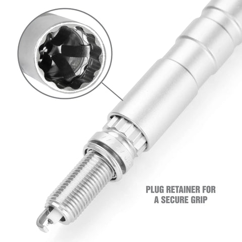 Close-up of Three Eighths Inch Drive Swivel 14mm Spark Plug Socket with Plug Retainer, Thin Wall Design in chrome moly steel.