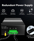 8-Port Gigabit Industrial DIN Rail Ethernet Switch with UL Power Supply, redundant power supply features highlighted