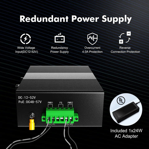 8-Port Gigabit Industrial DIN Rail Ethernet Switch with UL Power Supply, redundant power supply features highlighted