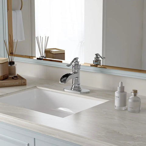 Chrome Waterfall Bathroom Faucet With Single Handle, One Hole Sink Setup on white vanity, modern clean design.