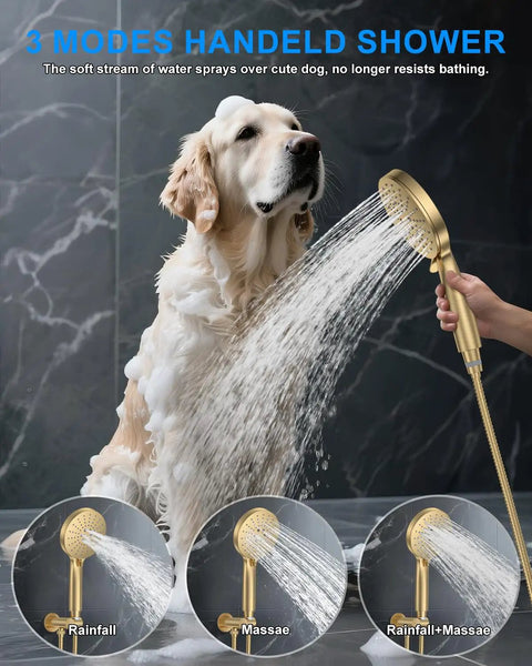 Brushed Gold Shower System With Dual 10 Inch Ceiling Rain Heads And Pressure Balance Valve Includes Multi Function Handheld Sprayer Plus Push Button Diverter For Zero Drama Bathroom Refresh