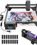 RAY5 20W Laser Engraver With Air Assist Kit and rotary roller, colorful lion engraving on board, 16 pc riser pack