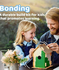 Father and daughter assembling DIY Wooden Bird House Kit For Kids And Adults, with unfinished birdhouse and decorating supplies.