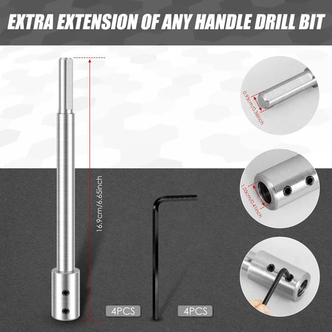 Hella Tight 4 Piece Forstner Bit Extension Shaft Extends Deep Hole Drilling Depth By Over Five Inches, showing a 6.65 inch steel drill bit extension.