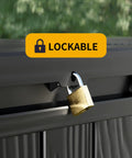 Close-up of lockable lid on Big Ol 320 Gallon Resin Deck Box Waterproof Outdoor Storage Chest With Lockable Lid UV Resistant