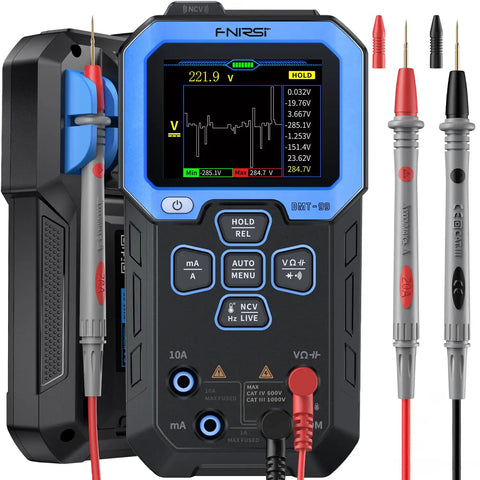 Auto-Ranging Digital Multimeter With 9999 Counts TRMS, Rechargeable, Recording And Monitoring Data Modes, front view with probes