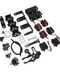Industrial Grade Black Aluminum Six Axis Robotic Arm Claw Kit parts layout with high torque servo motors and hardware components.
