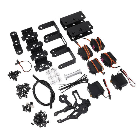 Industrial Grade Black Aluminum Six Axis Robotic Arm Claw Kit parts layout with high torque servo motors and hardware components.