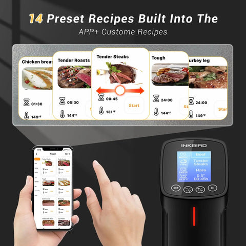 WiFi Sous Vide Cooker ISV100W with app showing 14 preset recipes for precise thermal immersion cooking.