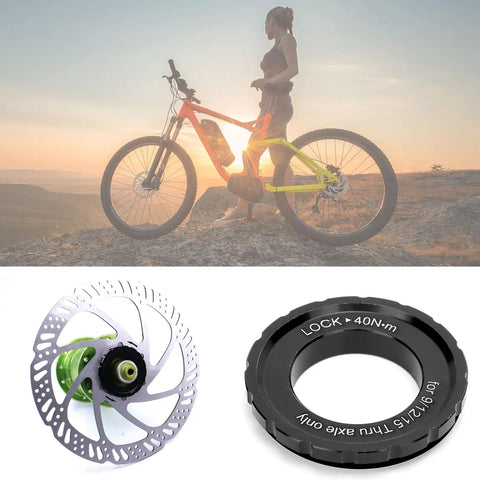 Centerlock Rotor Lockring For Road And Mountain Bikes Disc Brake Hub Lock Ring Cover Fits 9mm 12mm 15mm Systems Built Tough Black Metal Centerlock Lock Ring For Quick Safe Braking And Long Lasting Performance with silhouette of cyclist in background.