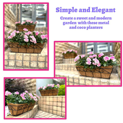 Two Pack 16 Inch Rectangular Metal Wall Planters For Outdoor Plants, Balcony Rail Garden Baskets With Coco Liners installed on steps