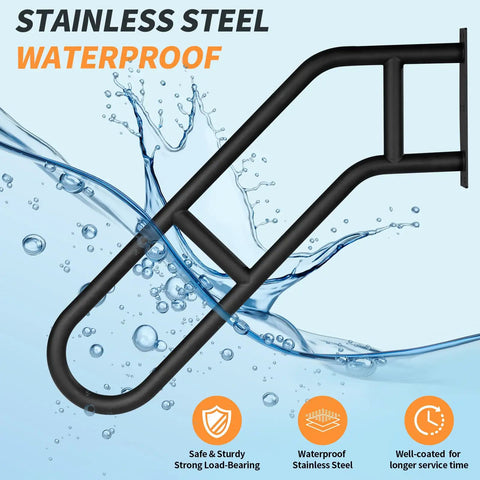 Heavy Duty Wall Mounted Grab Bar For Outdoor Steps No Sweat Assembly Non Slip Safety Railing For Porch Deck Backyard And Garage safe handle made of waterproof black stainless steel.