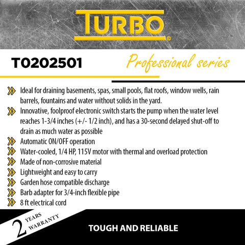 Turbo pump features list for Powerful Workhorse One Quarter Horsepower Submersible Utility Pump With Electronic Switch Auto On Off 115V 60Hz.