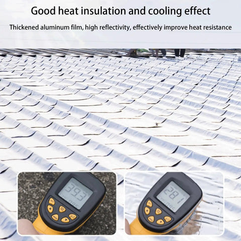 Top Drawer Self Adhesive Roof Underlayment Roll Featuring Reflective Aluminum Foil Flashing Tape For Asphalt Shingles And Dead Simple Waterproof Home Sealing 1.6 By 3.3 Feet shown with temperature readings on reflective aluminum roof.