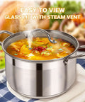 8 Quart Stainless Steel Stock Pot With Heavy Duty 5 Layer Bottom For Induction Cooking and Visible Glass Lid with steam vent