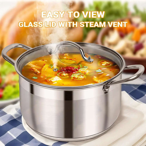 8 Quart Stainless Steel Stock Pot With Heavy Duty 5 Layer Bottom For Induction Cooking and Visible Glass Lid with steam vent