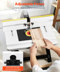 Benchtop Router Table With 24 by 15.7 Inch MDF Top And Adjustable Fence showing precise wood positioning and dust port.